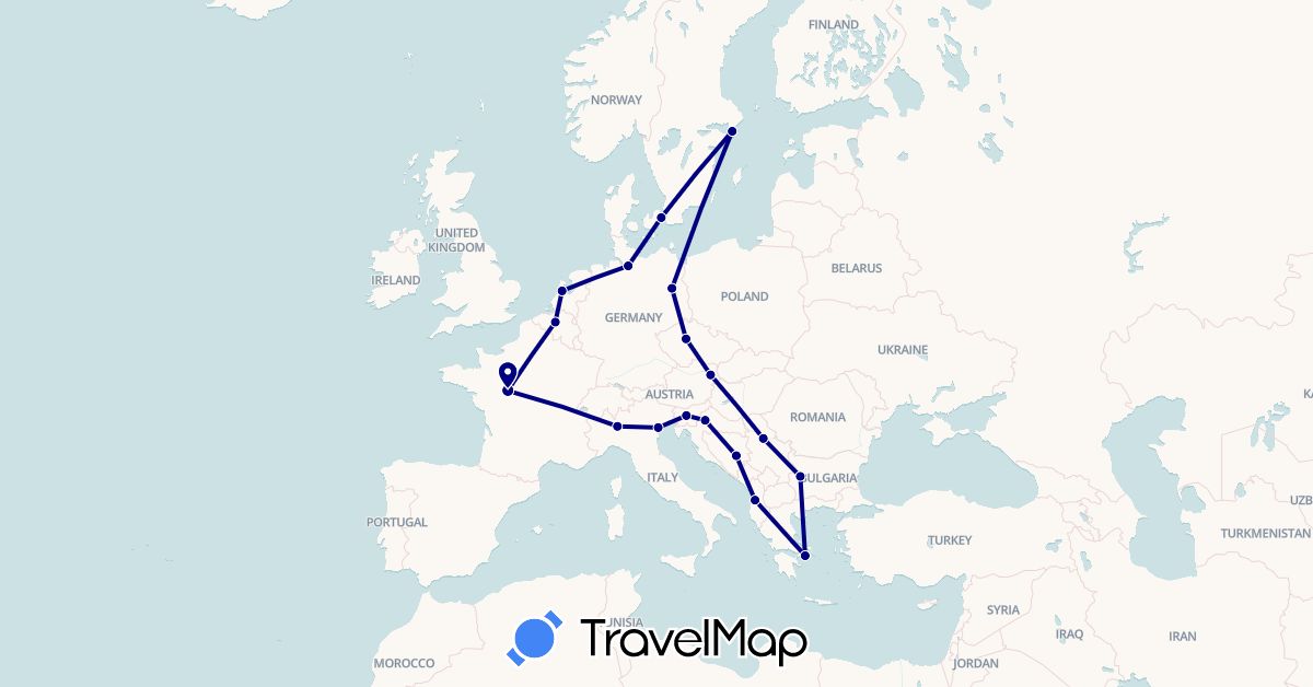 TravelMap itinerary: driving in Albania, Austria, Bosnia and Herzegovina, Belgium, Bulgaria, Czech Republic, Germany, Denmark, France, Greece, Croatia, Italy, Netherlands, Serbia, Sweden, Slovenia (Europe)